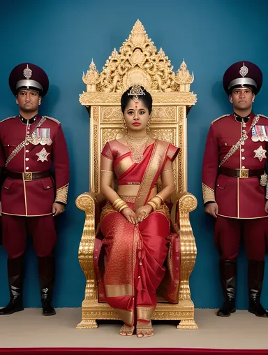 Satyabhama Sitting on Throne with Loyal Servants and Guards