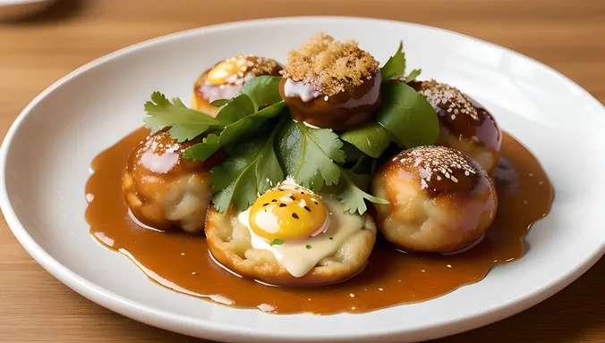 Savory Taki Takoyaki with Bonito Flakes and Sauce
