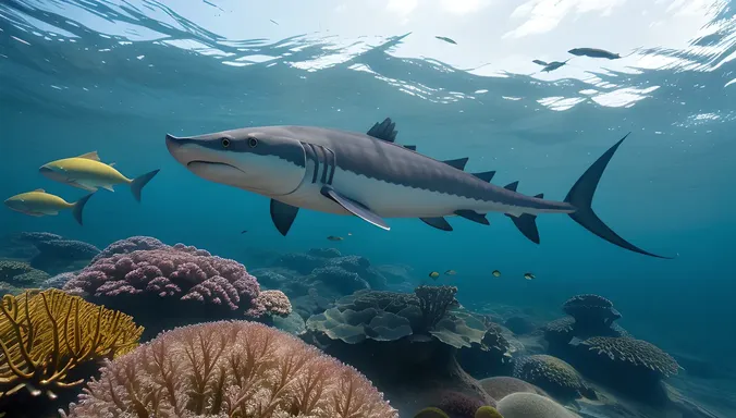 Sawfish Glides Through Kelp Forest with Fish Hiding