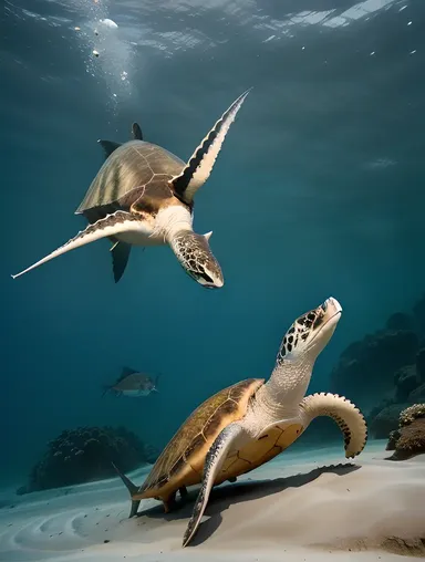 Sawfish Interacts with Sea Turtle in Slow Dance