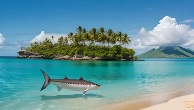 Sawfish Leaps Out of Water with Tropical Island Background