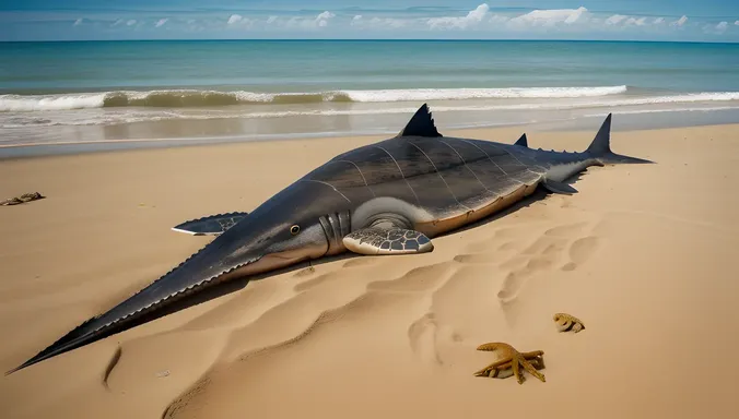 Sawfish Rests on Ocean Floor with Sea Turtle in Distance