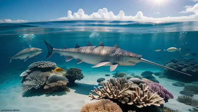 Sawfish Swims Near Coral Atoll with Divers Observing