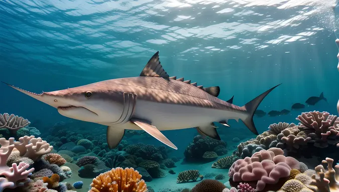 Sawfish Swims with Schools of Fish in Bright Blue Ocean