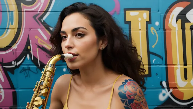 Saxy Woman Leans on Wall with Tattooed Saxophone