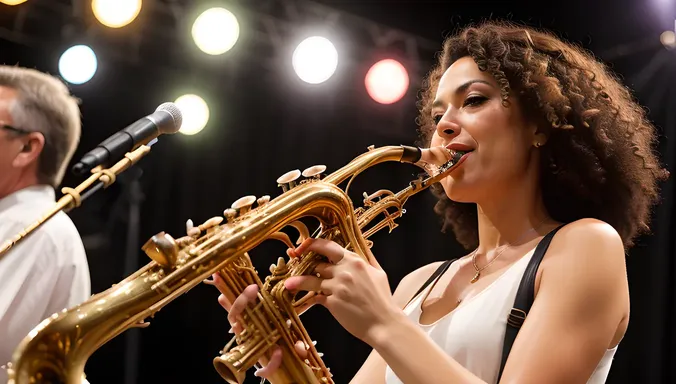 Saxy Woman Performs with Jazz Band on Stage