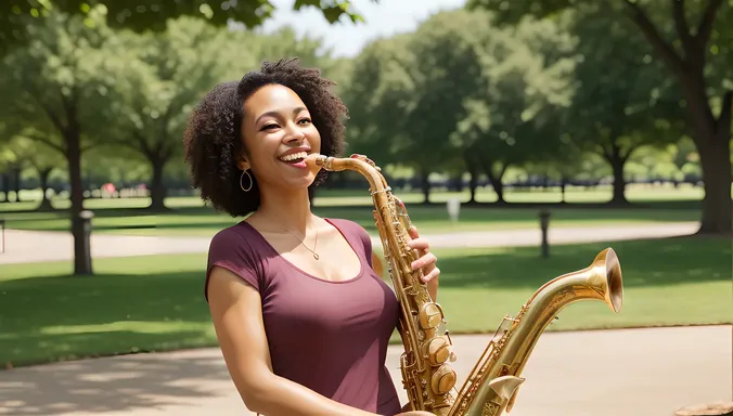 Saxy Woman Plays Saxophone in Sunny Park