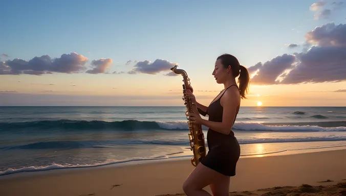 Saxy Woman Plays Saxophone on Beach at Sunset