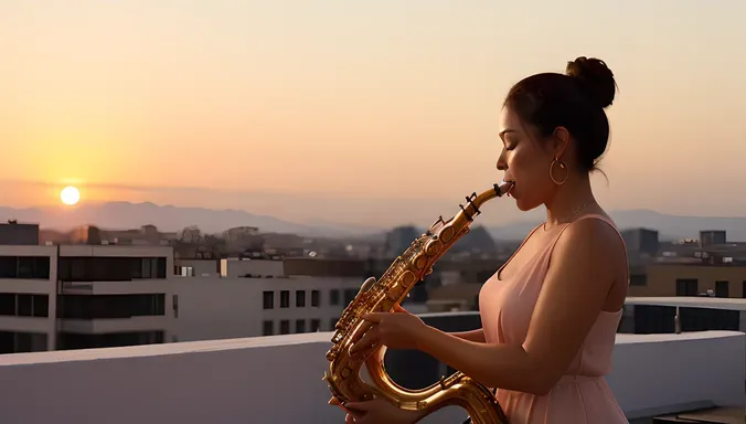 Saxy Woman Plays Saxophone on Rooftop at Sunset