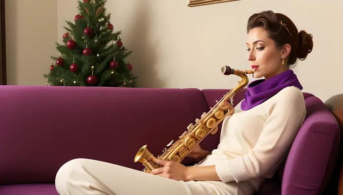 Saxy Woman Plays Saxophone on Vintage Couch