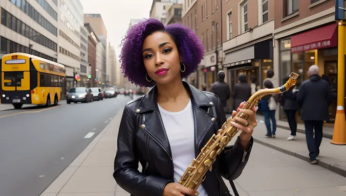 Saxy Woman Poses with Saxophone on City Street