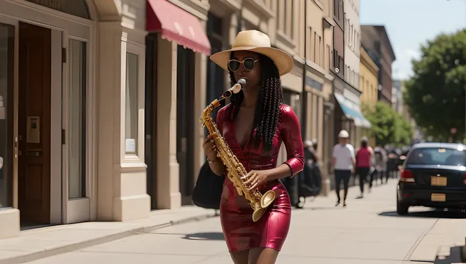 Saxy Woman Walks with Saxophone Case on Busy Street