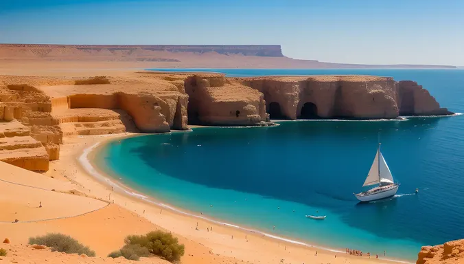 Scenic View of Red Sea with Sharm El-Sheikh City and Sailboat
