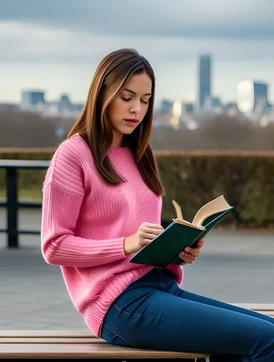 School Girl Lost in Thought Reading Book on Bench