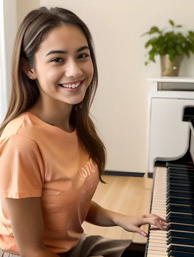 School Girl Plays Piano with Big Smile on Face
