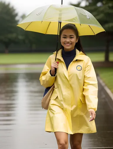 School Girl Walks to School in Rainy Day