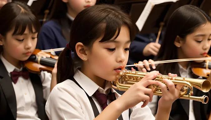 School Kid Play Recorder in Orchestra