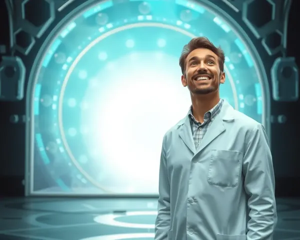 Scientist Stands Before Glowing Portal or Gateway
