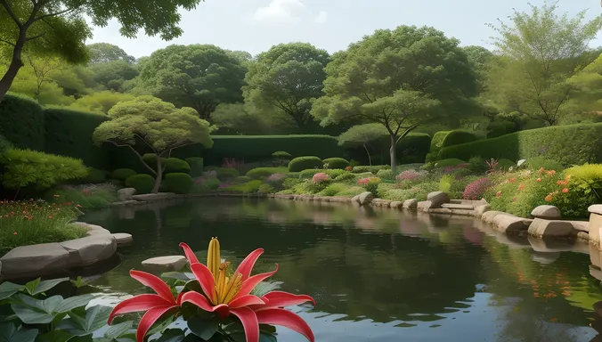 Serene Asian Garden with Asiatic Lilies and Tranquil Pond