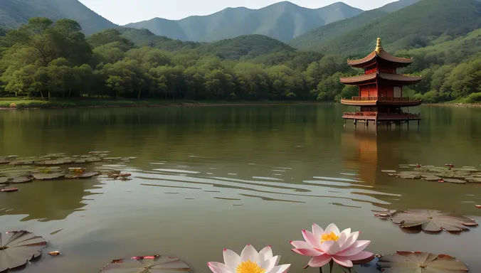 Serene Asian Pagoda with Lotus Flowers and Lake View