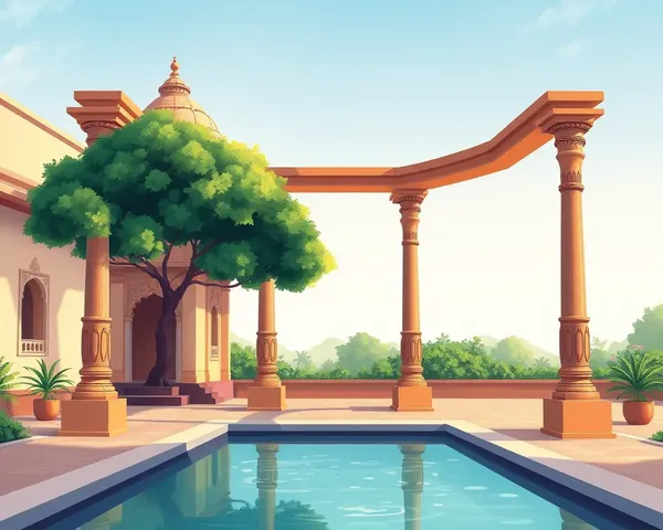 Serene Ayodhya Temple Courtyard with Tranquil Pool and Greenery