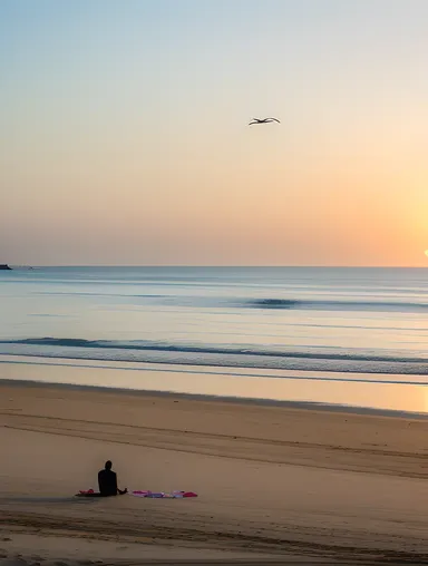 Serene Beach Scene at Sunset with Seagulls and Warm Sand