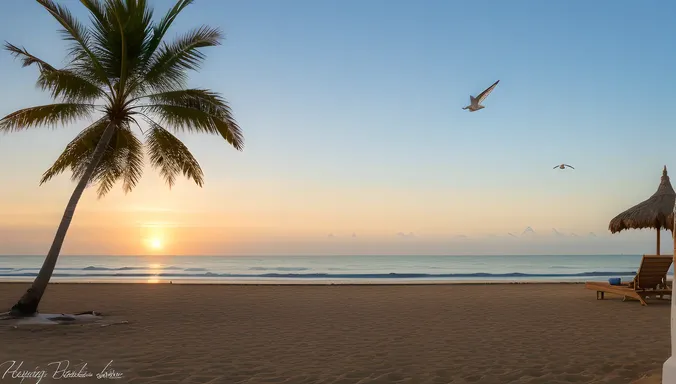 Serene Beach Scene with theetam Shell and Palm Trees