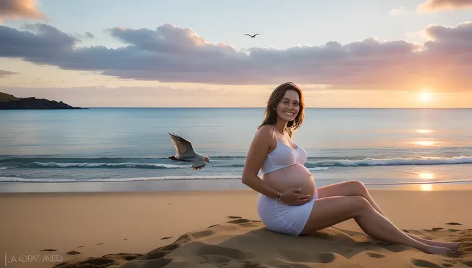 Serene Beach Sunset: Pregnant Woman's Peaceful Moment