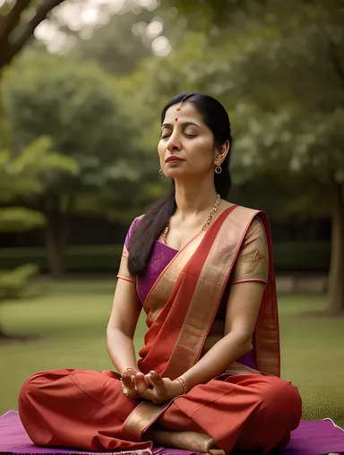 Serene Beauty Aunty Meditates in Peaceful Garden