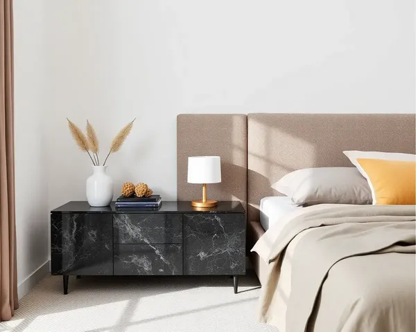 Serene Bedroom with Black Galaxy Granite Nightstand and Soft Fabrics
