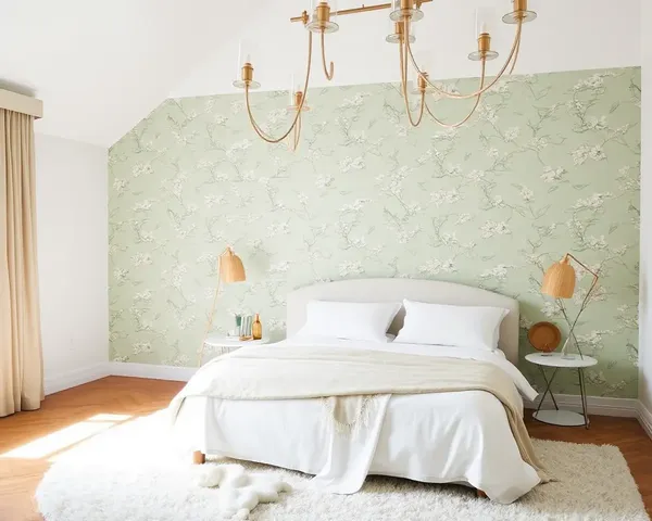 Serene Bedroom with Mint Green Floral Patterned Wallpaper