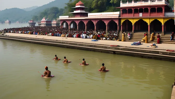 Serene Brahma Ghat on Ganges River Banks with Holy Dip