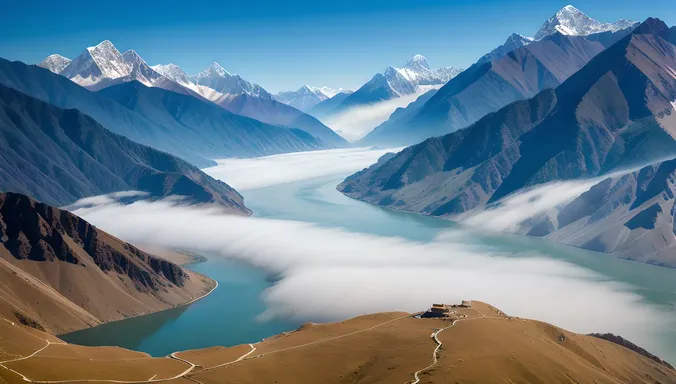 Serene Brahmaputra River Landscape with Misty Himalayan Backdrop