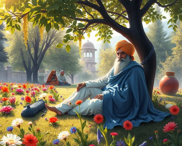 Serene Depiction of Guru Nanak Dev Ji in Peaceful Garden PNG Image