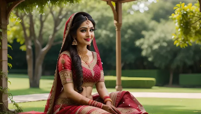 Serene Dulhan in Lush Garden with Gentle Smile