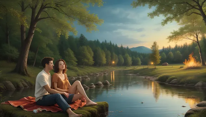Serene Forest Scene with Girl and Boy's Intimate Moment