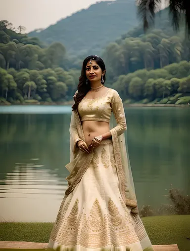 Serene Indian Bhabhi in Traditional White and Gold Lehenga