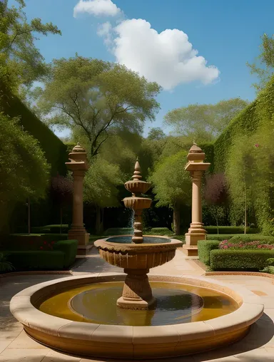 Serene Indian Courtyard with Kushti-Inspired Fountain and Greenery.