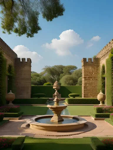 Serene Indian Garden with Kushti-Inspired Fountain and Stone Walls.