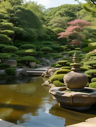 Serene Japanese Garden Features Dragon Stone Carving