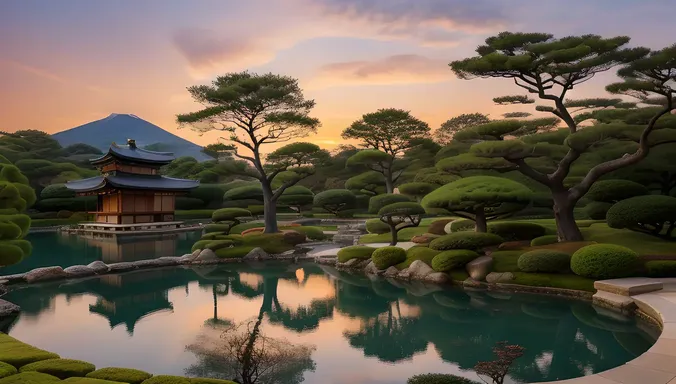 Serene Japanese Garden at Sunset with Buke Tree HD