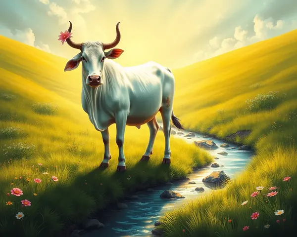 Serene Kamadhenu in Lush Green Meadow with Gentle Stream.