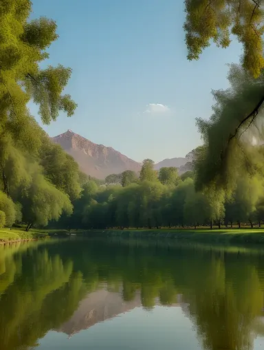 Serene Kamdev Wallpaper with Lush Greenery and Tranquil Lake