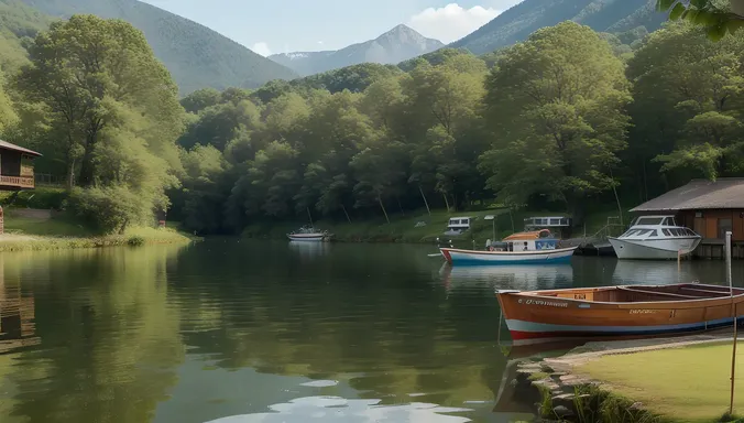 Serene Lake Hostel Background with Lush Greenery