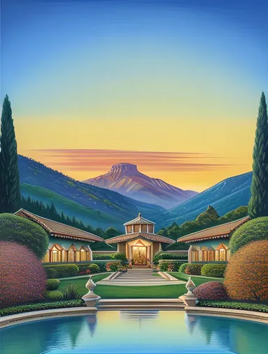 Serene Lake Shrine with Lush Gardens and Spiritual Home.