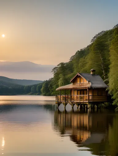 Serene Lake Stilt House with Warm Sunset Glow
