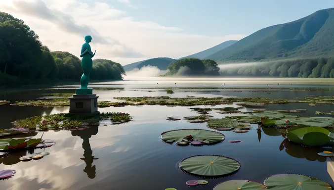 Serene Lake with Beautiful Stone Statue of Mermaid