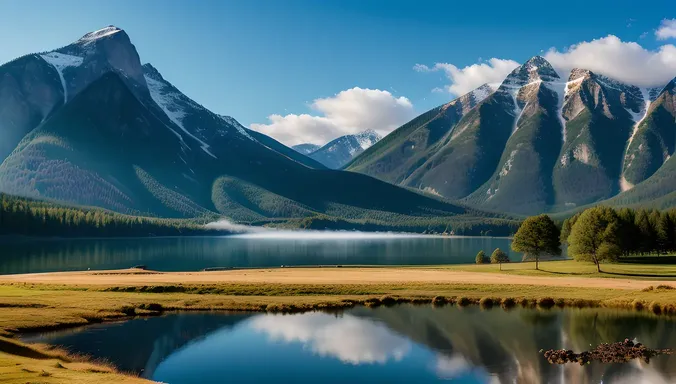 Serene Landscape with Misty Mountain and Tranquil Lake Image