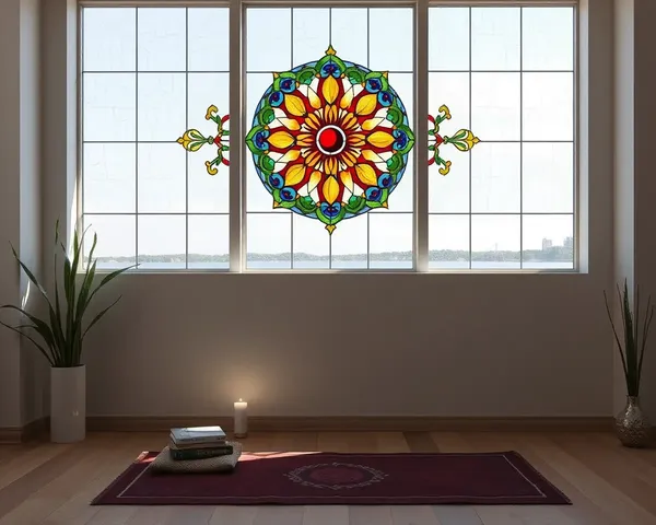 Serene Meditation Room with Stained Glass Window Background