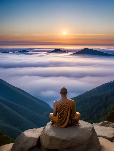 Serene Monk Meditates on Mountain Peak with AI Glow